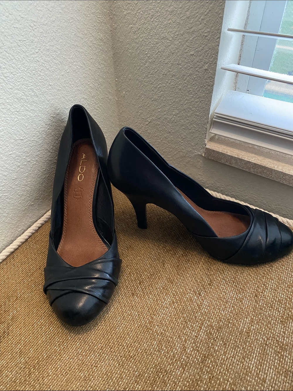 ALDO Black Leather Mid Heel Pumps with Pleated Toe
